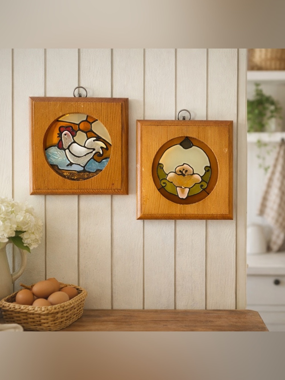 Vintage 1970s Farforms Canada 🇨🇦 Faux Stained Glass Wall Plaques Rooster Floral